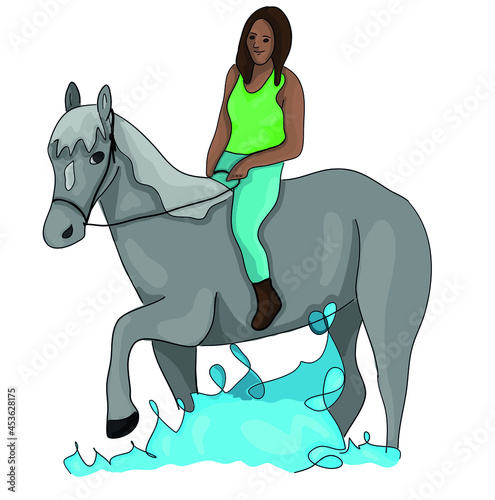 Colored vector illustration - horse bareback in water