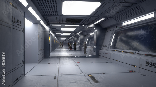 Fototapeta Naklejka Na Ścianę i Meble -  3d render. Futuristic spaceship corridor interior design