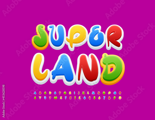 Vector bright template Super Land with handwritten Font. Creative Alphabet Letters and Numbers set