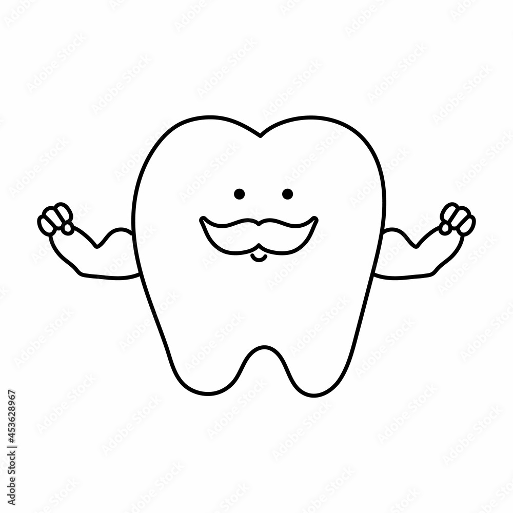 Black and white kawaii strong tooth with muscles. Vector teeth line icon for children design. Funny dental care picture. Dentist baby clinic clipart or coloring page with mouth hygiene concept . Black and white kawaii strong tooth with muscles. Vector teeth line icon for children design. Funny dental care picture. Dentist baby clinic clipart or coloring page with mouth hygiene concept .