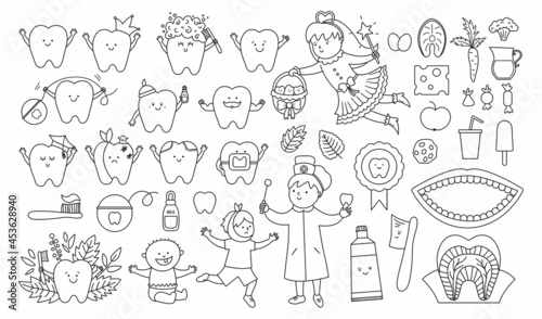 Black and white dental care vector set. Outline collection with Tooth fairy, smiling toothbrush, teeth, dentist, dental clinic, tools. Big stomatology elements pack for kids. Mouth hygiene line icons.