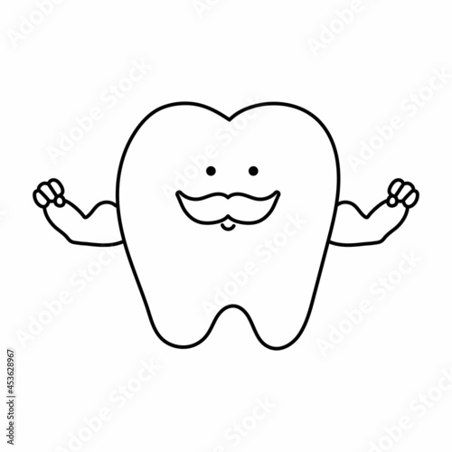 Black and white kawaii strong tooth with muscles. Vector teeth line icon for children design. Funny dental care picture. Dentist baby clinic clipart or coloring page with mouth hygiene concept .