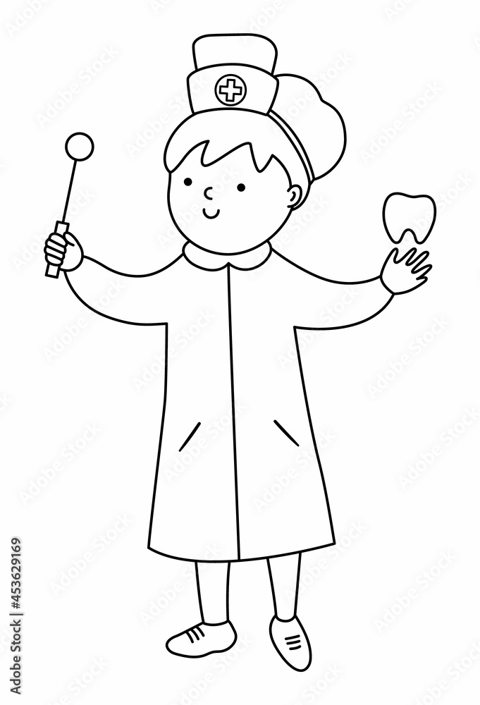 Black and white dentist woman illustration. Cute outline teeth doctor with tooth and mirror. Mouth hygiene line icon for kids. Tooth treatment character or coloring page. Black and white dentist woman illustration. Cute outline teeth doctor with tooth and mirror. Mouth hygiene line icon for kids. Tooth treatment character or coloring page.