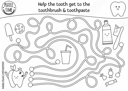 Black and white dental care maze for children. Preschool medical outline activity. Funny puzzle game or coloring page. Help ill tooth get to the toothbrush and toothpaste. Mouth hygiene labyrinth.