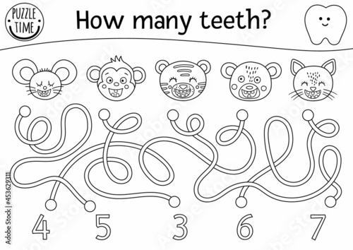 Black and white dental care maze for children. Preschool outline math activity with toothy animals. Funny line puzzle or coloring page. Counting labyrinth for kids. How many teeth.