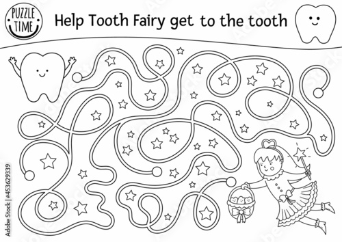 Black and white dental care maze for children. Preschool line dentist clinic activity or coloring page. Help the Tooth Fairy get to the tooth. Mouth hygiene labyrinth for kids.