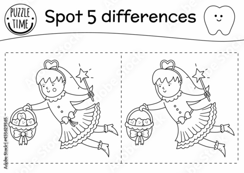 Black and white dental care find differences game for children. Mouth hygiene outline preschool activity with cute Tooth Fairy. Tooth loss puzzle or coloring page with cute characters for kids..