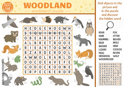 Vector Forest animals and birds wordsearch puzzle for kids. Simple woodland crossword with fox, bear, owl, squirrel for children. Educational keyword activity with badger, beaver, snake, deer, boar..