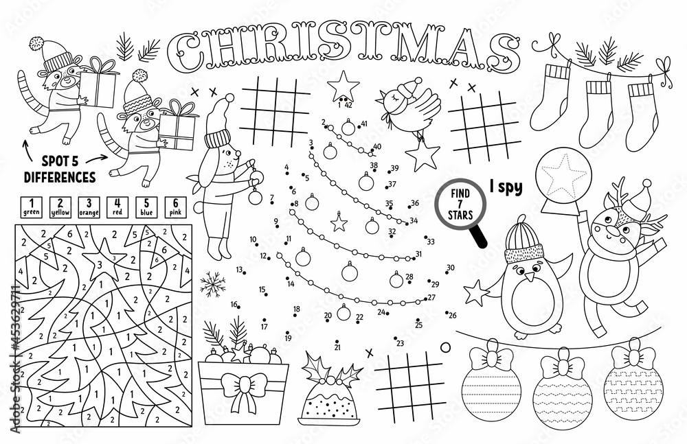 Vector Christmas placemat for kids. Winter holiday printable activity mat with maze, tic tac toe charts, connect the dots, find difference. Black and white New Year play mat or coloring page.