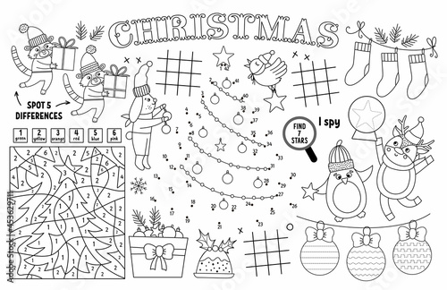 Vector Christmas placemat for kids. Winter holiday printable activity mat with maze, tic tac toe charts, connect the dots, find difference. Black and white New Year play mat or coloring page. photo