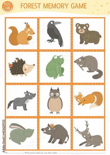 Vector forest animals and birds memory game cards with squirrel, raven, bear. Woodland matching activity. Remember and find correct card. Simple printable worksheet for kids with fox, wolf.