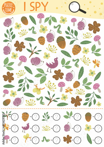 Nature I spy game for kids. Searching and counting activity for preschool children with insects, plants, flowers. Funny forest printable worksheet for kids. Simple woodland spotting puzzle..