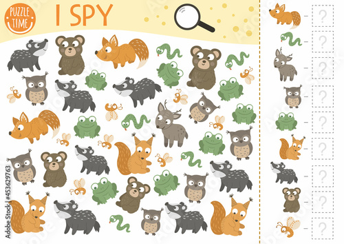 Forest baby animals I spy game for kids. Searching and counting activity for preschool children with little fox, squirrel, bear, frog. Funny woodland printable worksheet for kids. Simple puzzle