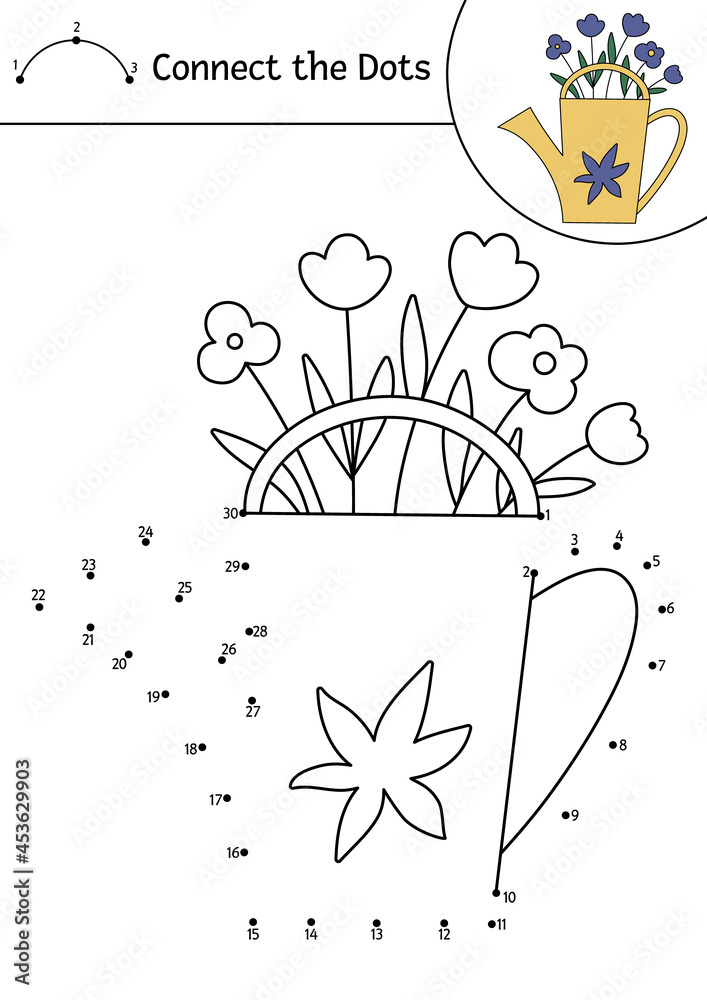 Vector Dot To Dot And Color Activity With Cute Watering Can And Flowers Spring Or Summer Connect The Dots Game For Children Easter Coloring Page For Kids Garden Themed Printable Worksheet Stock Vector