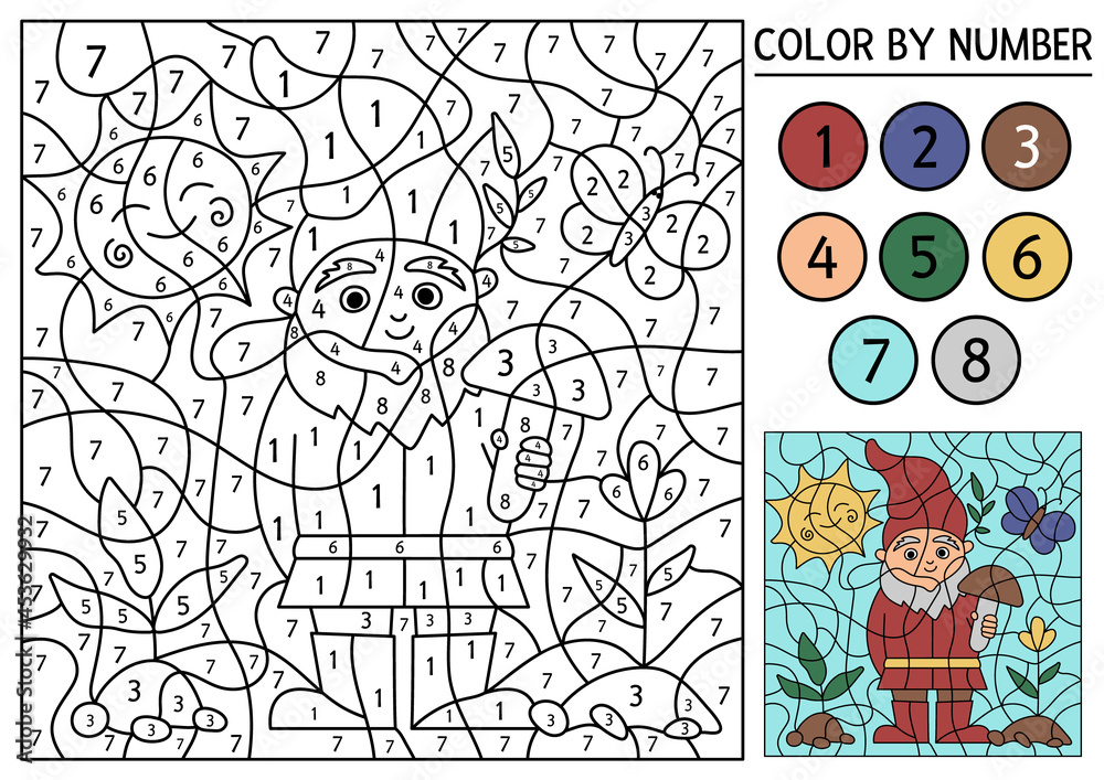 Vector spring color by number activity with gnome, sun, baby plants and butterfly. Garden counting game with cute dwarf. Funny farm or nature scene coloring page for kids. .