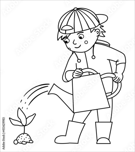 Vector black and white boy watering plant illustration. Cute outline kid doing garden work. Spring line gardening activity picture or coloring page .