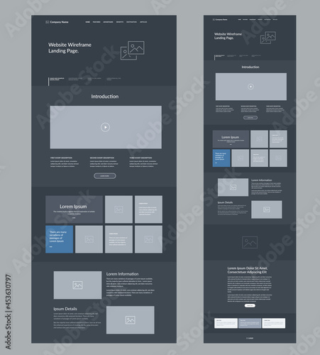 Website template design for business. Dark landing page site wireframe. Modern and responsive layout interface design.