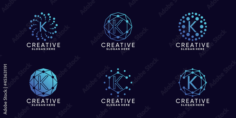 Set bundle monogram logo design technology initial letter k with unique line art and dot style Premium Vector Set bundle monogram logo design technology initial letter k with unique line art and dot style Premium Vector