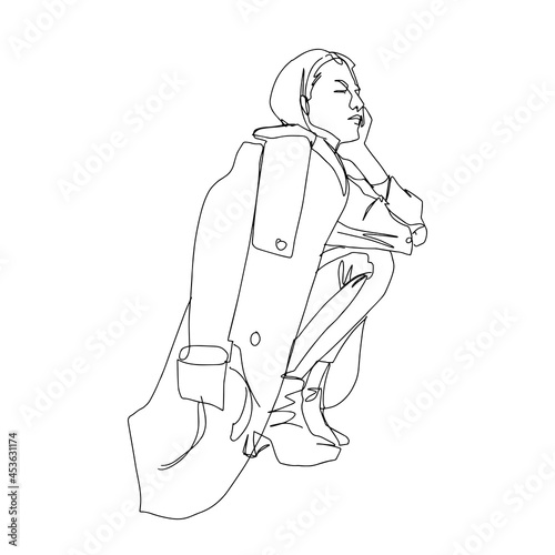Girl in a raincoat  squatting. Linear style. Vector illustration.