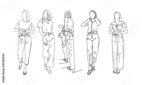 Girls posing in a collection of summer clothes. Linear style. Vector illustration.