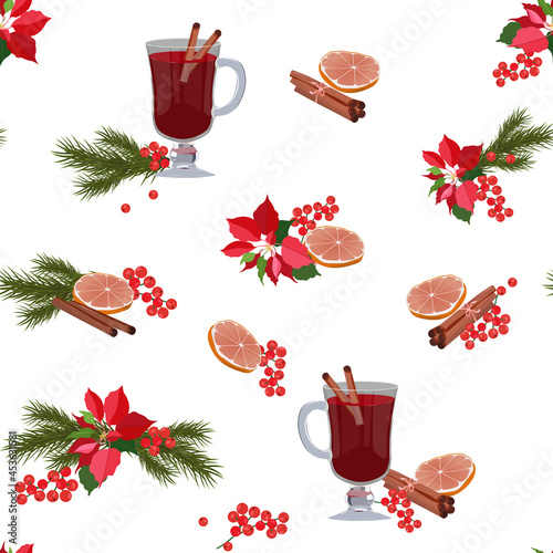 Mulled wine ingredients seamless pattern. Winter hot wine drink with spices, flowers poinsettia and spruce branch isolated on white background.
