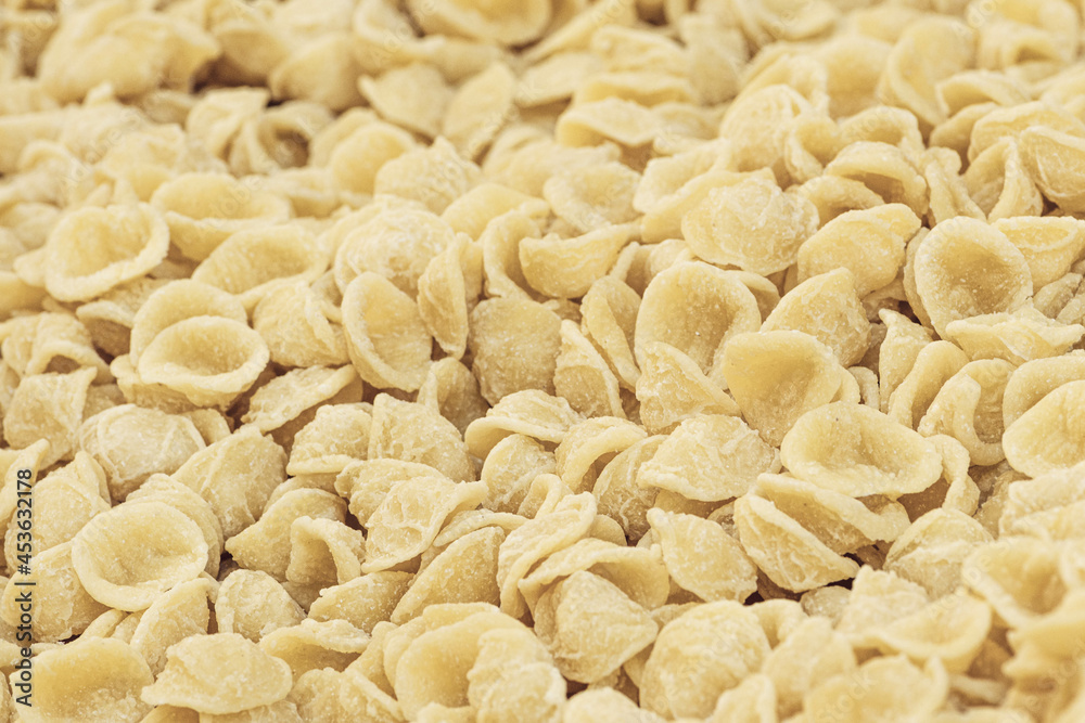 Fresh orecchiette or orecchietta, made with durum wheat and water, handmade pasta typical of Puglia or Apulia , a region of Southern Italy, close up Fresh orecchiette or orecchietta, made with durum wheat and water, handmade pasta typical of Puglia or Apulia , a region of Southern Italy, close up