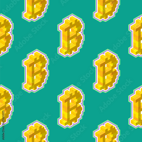 Bitcoin sign consisting of yellow blocks in isometric view on a green background. Seamless pattern. Vector illustration.