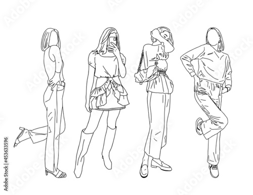 Beautiful girls in trendy clothes showcase a modern youth style. Linear style. Vector illustration.