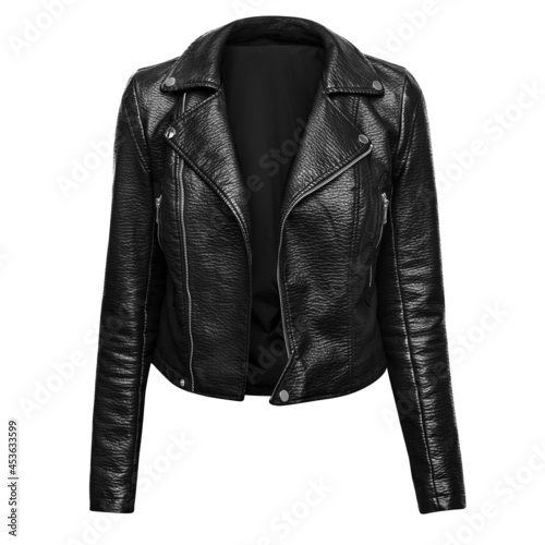 Woman black leather jacket isolated on white background photo