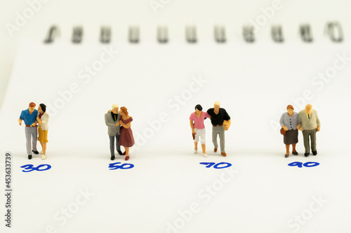 Miniature people Group Family Father Mother Husband and Wife standing on white background with copy space by range of ages 30, 50, 70, 90 using for Life planning money investment and Insurance claim