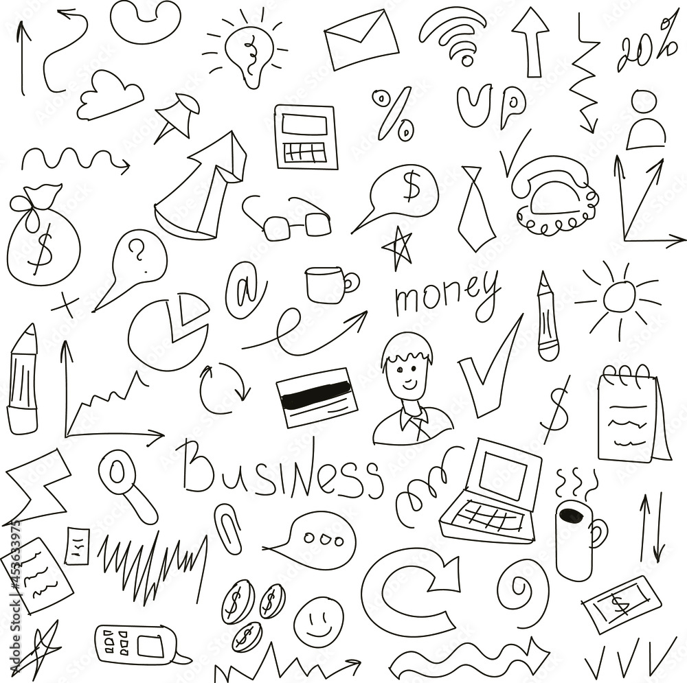 Business. Doodle set of elements on a business theme. Business icons in black and white line Business. Doodle set of elements on a business theme. Business icons in black and white line