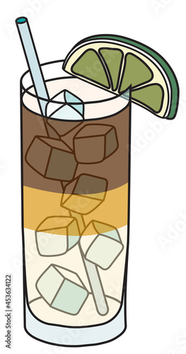 Dark n Stormy long cocktail in highball glass. Garnished with a slice of lime. Stylish hand-drawn doodle cartoon hipster style vector illustration good for bar menu, poster, card, cook book recipe photo