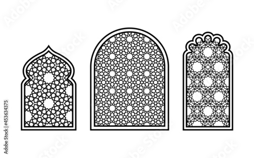 Oriental style windows with traditional Islamic geometric patterns. Silhouettes for carving on a white background. Vector illustration.