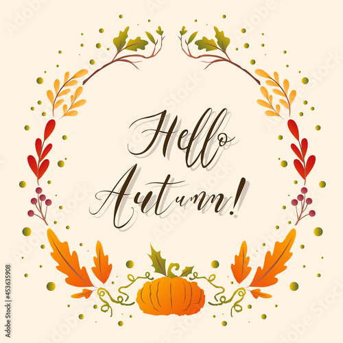 Hello autumn hand drawing calligraphy with flower wreath leaf Autumn  for content online or web  banner and template  Simple cartoon flat style. illustration Vector EPS 10