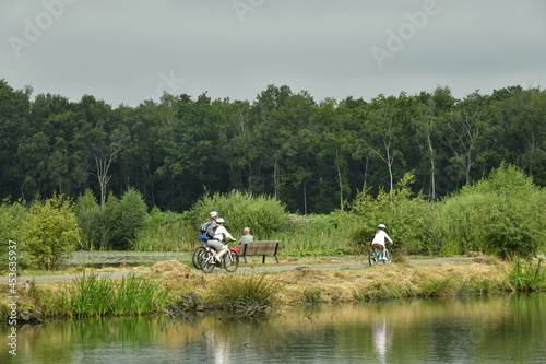 Promenade et repos sur une bande de terre entre deux étangs au domaine provincial de Bokrijk au Limbourg 