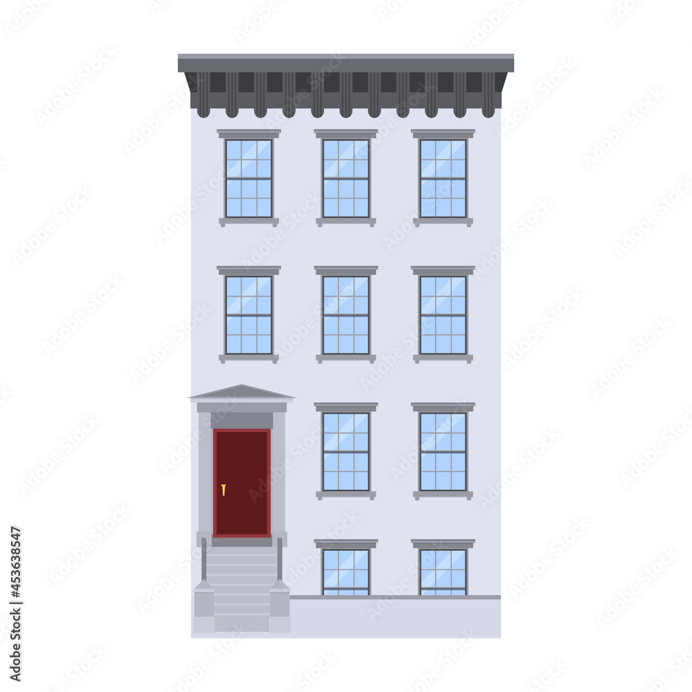 Flat vector illustration of walk-up residential apartment building, brick house. Isolated on white background.