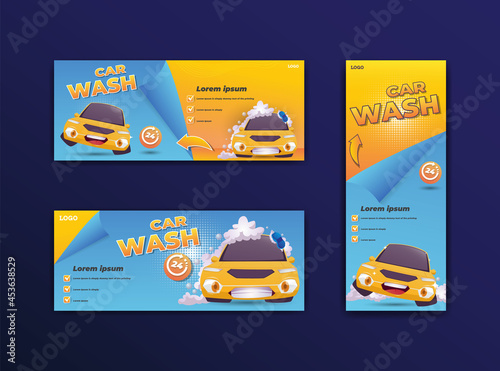 car wash banner set with full foam car cartoon illustration