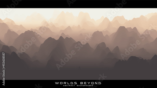Abstract beige landscape with misty fog till horizon over mountain slopes. Gradient eroded terrain surface. Worlds beyond.