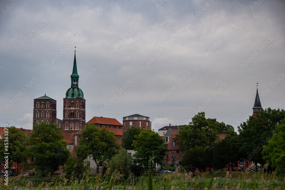 The skyline of the Hanseatic city of Stralsund with the steeples of the St. Nikolai Church