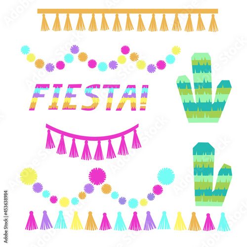 Fiesta lettering. Cactus party decoration set. Tassels pompoms wreath. Vector illustration