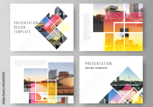 The minimalistic abstract vector illustration of the editable layout of the presentation slides design business templates. Creative trendy style mockups, blue color trendy design backgrounds.