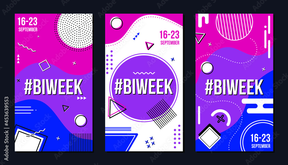 Bisexual Awareness Week. Memphis style set for social media stories with hashtag #BIWEEK. Isolated vector banner collection. Colors of bisexuality flag. - obrazy, fototapety, plakaty 