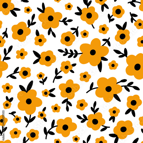 Ditsy Floral seamless pattern. Small orange black meadow flowers on white background. Vintage Millefleur tiny wildflowers vector texture for fashion, nursery print, textile, fabric, wrap, gift paper