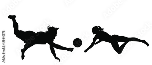 Beach volleyball players vector silhouette illustration isolated on white background. Volleyball boy and girl battle for ball. Summer time enjoying on sand, woman and man sport activity. Double team.