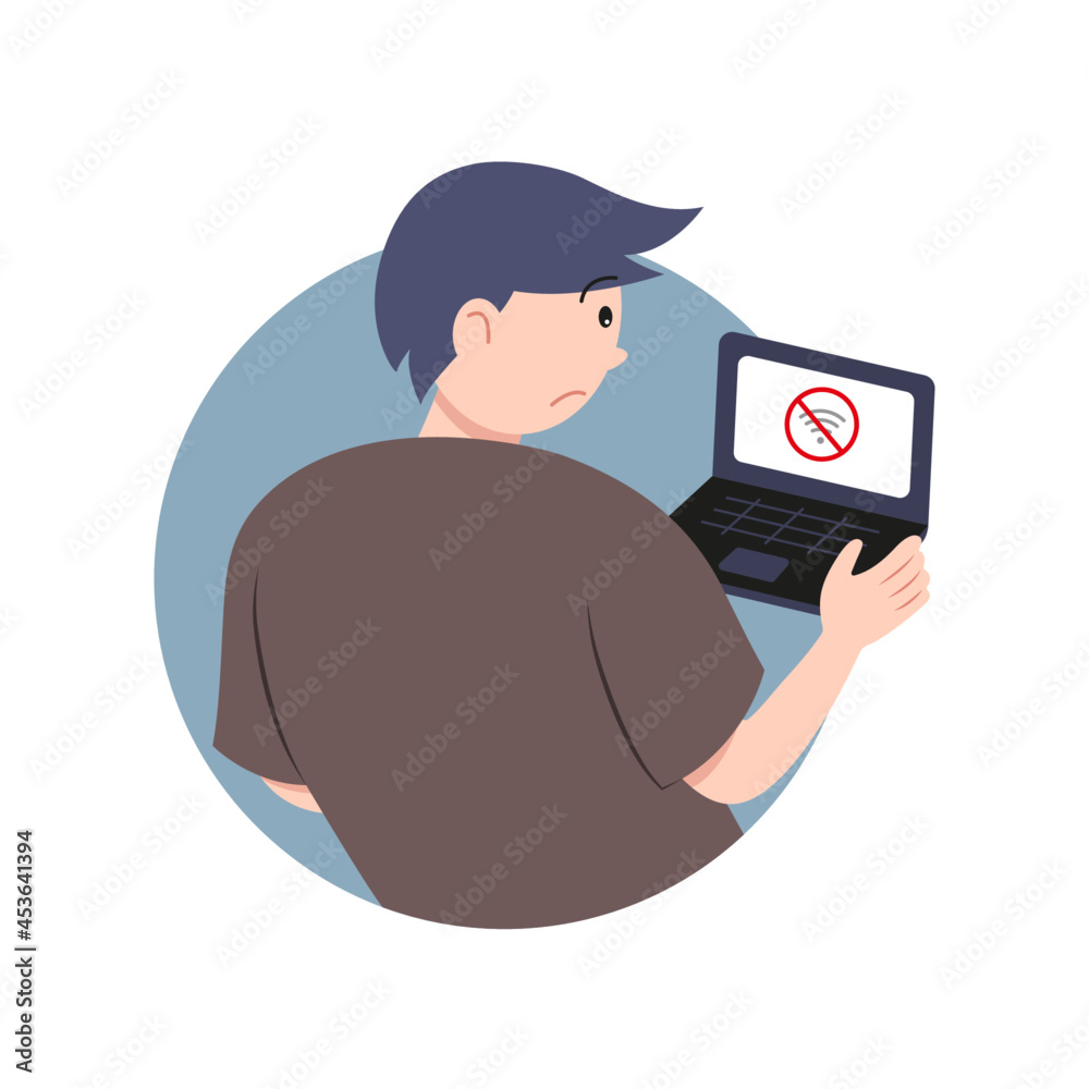 Young guy sitting in a laptop no internet does not catch a signal communication technology sms internet does not load sad guy pastel colors