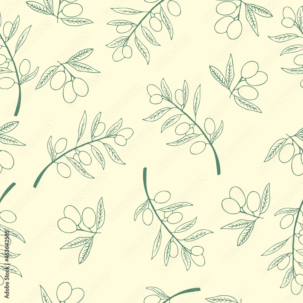 Green Olive seamless pattern. Hand drawn olive branch background. 