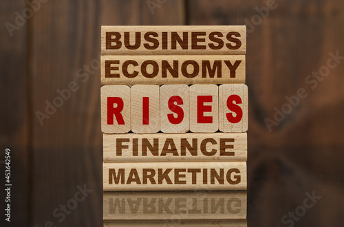 Wooden blocks with the text - Business, Economy, Finance, Marketing and RISES