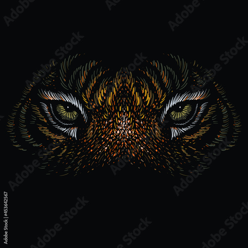 The Vector logo tiger for tattoo or T-shirt design or outwear.  Hunting style big cat print on black background. This hand drawing is for black fabric or canvas.