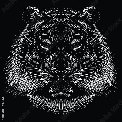 The Vector logo tiger for tattoo or T-shirt design or outwear.  Hunting style big cat print on black background. This hand drawing is for black fabric or canvas.