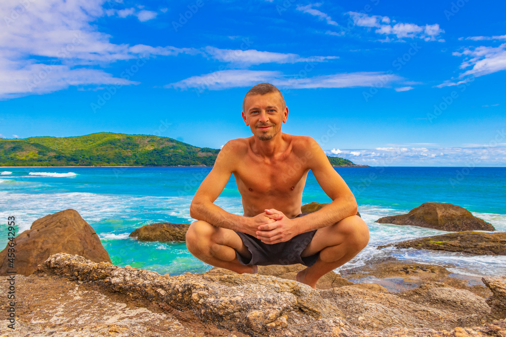 Tourist traveler Ilha Grande Lopes Mendes beach panorama Brazil. Tourist traveler Ilha Grande Lopes Mendes beach panorama Brazil.